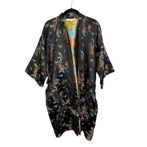 Tang Yi Kimono Robe Womens S Black Satin Chinese Dragon Belted Waist Loungewear